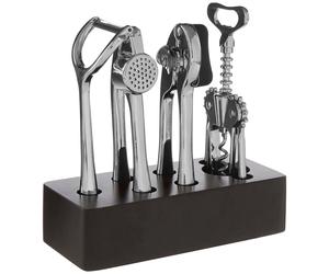 Orsina 5pc Rose Gold Kitchen Set, Utensil Tool Set with Black Block, Corkscrew, Can Opener, Garlic Press, Peeler in Silver Orsina Silver