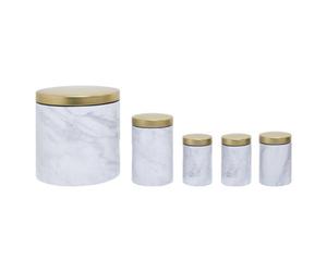 Orsina 5Pc White Marble Effect Storage Set, Kitchen Storage Set, 5 Piece Kitchen Canister Set, Metal Canisters