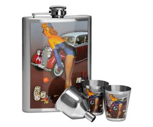 Orsina 8Oz Hip Flask Set With 2 Cups, Retro Stainless Steel Flask With Classic Pin-Up Design, Includes Two Shot