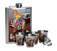 Premier Housewares Interiors By Premier 8Oz Hip Flask Set With 4 Cups, Vintage-Style Stainless Steel Flask Featuring Classic Pin-Up Print