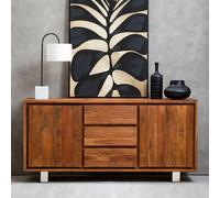 Orsina Acacia Two-Door Sideboard, Solid Acacia Wood Cabinet with 3-Drawer & 2-Door Storage, Sleek Metal-Legs in Brown Orsina Brown