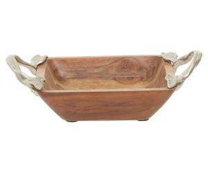 Orsina Acacia Wood Square Bowl, Artisan Wooden Fruit Tray With Leaf-Style Metal Grips, Natural Grain Display Bowl Orsina Natural
