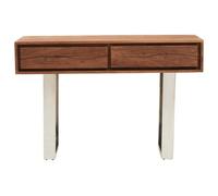 Orsina Acacia Wood Two Drawer Console Table, Silver Finish Metal Frame With Sled Base, Wooden Hallway Table