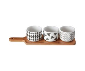Orsina Bamboo Serving Board With Three Patterned Ceramic Dishes, Durable Appetizer Serving Tray