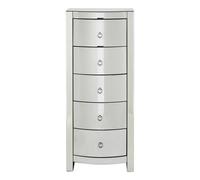 Orsina Bevelled Curved Tall Boy Drawers, Mirrored Glass Finish Chest For Bedroom, Ample Storage 5 Drawer Tall Chest