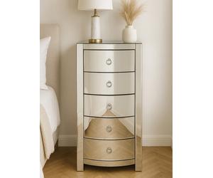 Orsina Bevelled Curved Tall Boy Drawers, Mirrored Glass Finish Chest For Bedroom, Ample Storage 5 Drawer Tall Chest