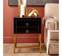 Orsina Black 2 Drawer Side Table, Gloss Finish Bedside Table With Gold Legs, Mirrored Glass Top Nightstand