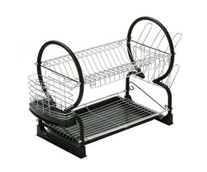 Orsina Black 2 Tier Dish Drainer, Modern Chrome And Black Dish Drainer, Stylish Dish Drainer With Drip Tray