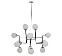 Orsina Black And Chrome 16 Arm Pendant Light, Modern Spherical Glass Ceiling Fixture, Head Design With White Shades