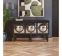 Orsina Black Finish Sideboard, Black Wooden Cabinet Featuring Circular Lattice-Overlay Convex Mirrors Orsina Black