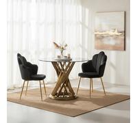 Orsina Black Glass And Gold Hourglass Base Dining Table, Modern Black And Gold Round Dining Table For Modern Homes