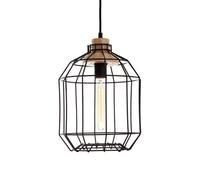 Orsina Black Iron Cage Pendant Light, Geometric Wire Frame Ceiling Lamp, Decorative Light With Wooden Bulb Mount
