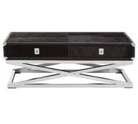 Orsina Black Leather Coffee Table, Steel Legs With Metallic Clasp Accents, 2 Drawer Storage Living Room Table
