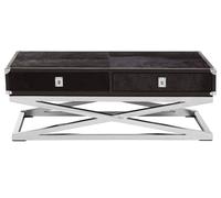 Orsina Black Leather Coffee Table, Steel Legs With Metallic Clasp Accents, 2 Drawer Storage Living Room Table Orsina Black