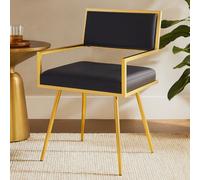 Orsina Black Leather Effect Dining Chair, Cut-Out Back Gold Finish Accent Chair, Velvet Upholstery Dining Chair