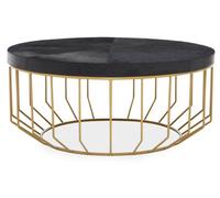 Orsina Black Round Coffee Table, Hair On Hide Leather Top With Gold Iron Frame, Modern Luxe Table For Living Room