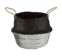 Orsina Black & Silver Seagrass Storage Basket, Decorative Organizer With Handles, Small Seagrass Storage Basket