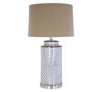 Orsina Blue And White Ceramic Table Lamp, Geometric Diamond Pattern Base With Grey Linen Shade, Boutique Lighting