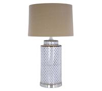 Orsina Blue & White Ceramic Table Lamp, Geometric Diamond Pattern Base With Grey Linen Shade, Boutique Lighting Orsina Multicolor