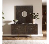 Orsina Boho Carved Mango Wood Wall Mirror, Eco-Friendly Square Mirror With Weathered Finish, Wooden Mirror