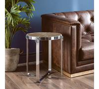 Orsina Boho Side Table With Elm Wood Top, Geometric Interlocking Pattern, Stainless Steel Cross Base