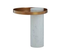 Orsina Boutique Style Side Table-White Marbled Table With Pole-like Base-Iron Round Table With Cylindrical Stand in White Orsina White
