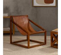 Orsina Brown Cubic Frame Chair, Leather Upholstered Armchair, Teak Wood Accent Chair For Lounge, Comfy Patio Chair Orsina Brown