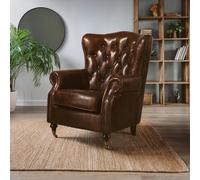 Orsina Brown Leather Scroll Armchair, Lounge Chair With Quilted Backrest,walnut Wooden Chair With Stud Details