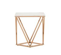 Orsina Champagne Finish End Table With Rose Gold Legs, White Marble Top Side Table, Modern Prismatic Bedside Table Orsina Gold
