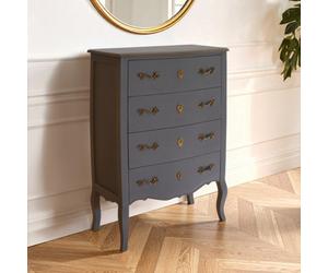 Orsina Classical 4 Drawer Dark Grey Chest, Bayur Wood Accent Cabinet With Brass Baroque Handles, Storage Drawer Unit