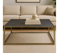 Orsina Coffee Table With Textured Shagreen Top, Deep Gold Iron Frame With Minimalist Design, Low Profile Table