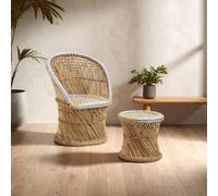 Orsina Comfortable Natural & Grey Chair & Stool, Handwoven Rattan Design Armchair, Bamboo Chair Orsina Grey