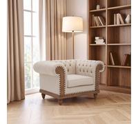 Orsina Cream Chesterfield Armchair, Tufted Fabric Statement Chair With Mahogany Wood Frame, Vintage Style Seating