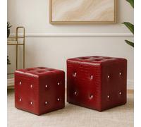 Orsina Crocodile Leather Effect Set Of 2 Red Stools, Soft Padded Living Room Stool, Stool Set With Diamante Detail