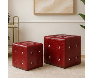 Orsina Crocodile Leather Effect Set Of 2 Red Stools, Soft Padded Living Room Stool, Stool Set With Diamante Detail