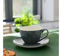 Orsina Dark Green Cup & Saucer With Botanical Embossed Detailing,2-Piece Set For Tea,saucer & Cup With Tapered Base