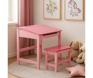 Orsina Durable Children's Pink Desk And Stool, Sl unctional Desk For Children, Angled Surface Desk And Stool