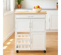 Premier Housewares White Kitchen Island Freestanding with Bamboo Top | Kitchen Storage Trolley on Wheels | Movable Kitchen Storage Cabinet