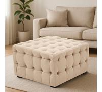 Orsina Elegant Beige Linen Button Tufted Foostool, Velvet Upholstered Soft Footstool, Premium Footstool For Bedroom