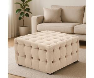 Orsina Elegant Beige Linen Button Tufted Foostool, Velvet Upholstered Soft Footstool, Premium Footstool For Bedroom