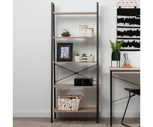 Orsina Five Tier Grey Oak Veneer Ladder Shelf Unit, Functional Industrial Narrow Shelf, Stylish Tall Cupboard
