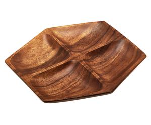 Orsina Functional Acacia Large Four Section Serving Dish, Hand Carved Serving Platter, Hexagonal Centrepiece Dish in Natural Orsina Natural