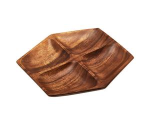 Orsina Functional Acacia Large Four Section Serving Dish, Hand Carved Serving Platter, Hexagonal Centrepiece Dish