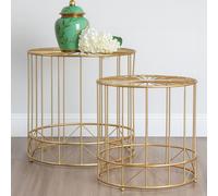 Orsina Geometric Design Set Of 2 Round Side Tables, Sleek Bed Side Table For Bedroom, Gold Finish Lounge Table