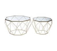 Orsina Geometric Set Of 2 Clear Glass Tables, Iron Frame Side Table By Couch, Champagne Finish Lounge Table
