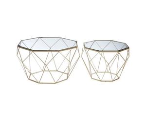 Orsina Geometric Set Of 2 Clear Glass Tables, Iron Frame Side Table By Couch, Champagne Finish Lounge Table