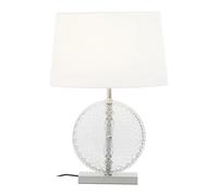 Orsina Glass And Brushed Chrome Table Lamp, Round Cut Glass And Chrome Base, White Linen Shade Lighting