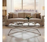 Orsina Glass Coffee Table With Metal Criss Cross Design, Glass Top Coffee Table, Silver Coffee Table For Living Room