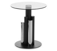 Orsina Glass Silver And Black Base Side Table, Clear Tempered Glass Round Tabletop, Modern Column Base