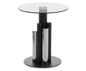 Orsina Glass Silver And Black Base Side Table, Clear Tempered Glass Round Tabletop, Modern Column Base